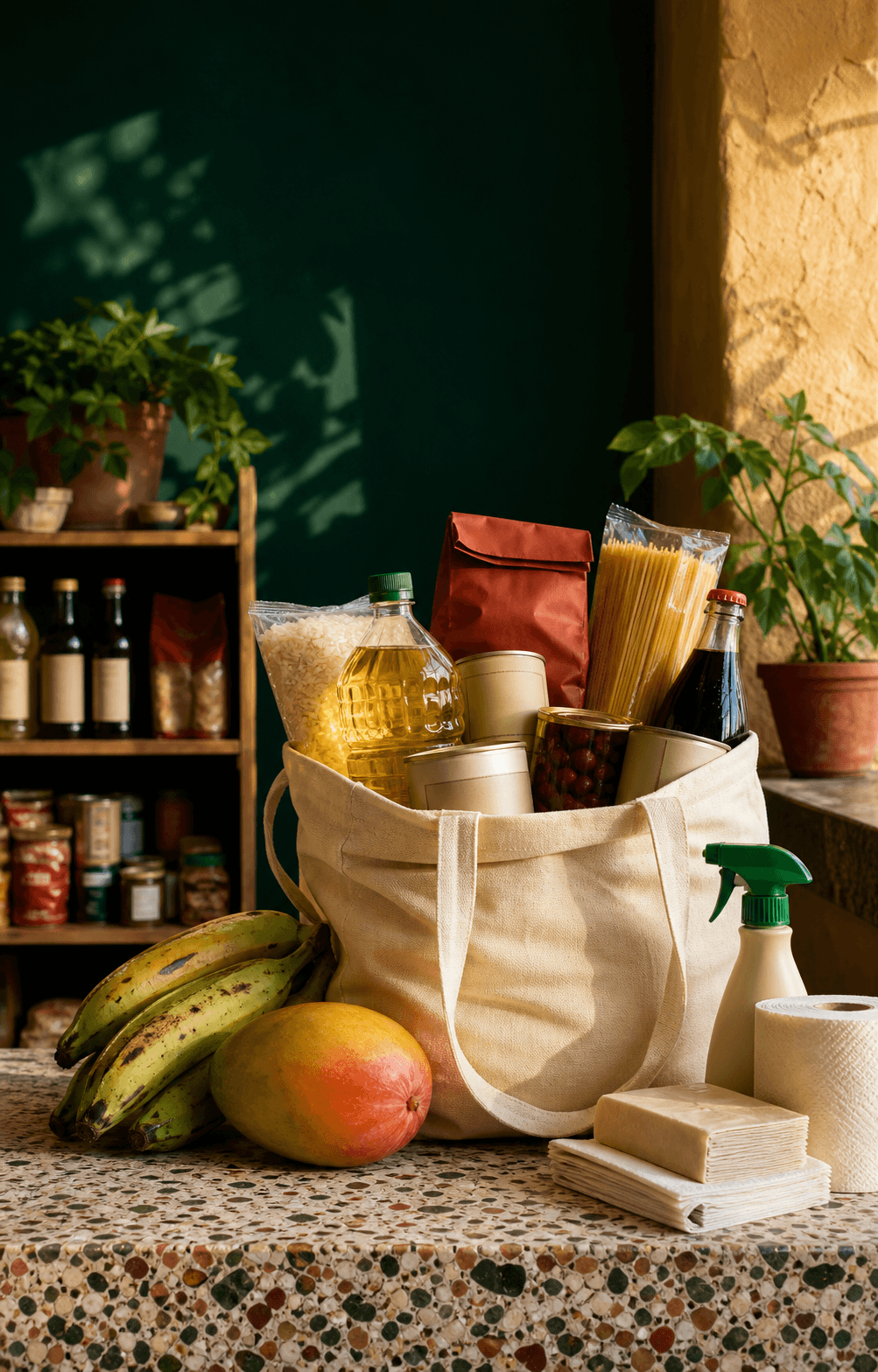 Bolsa de compras con productos de despensa, bebidas, frutas y artículos para el hogar